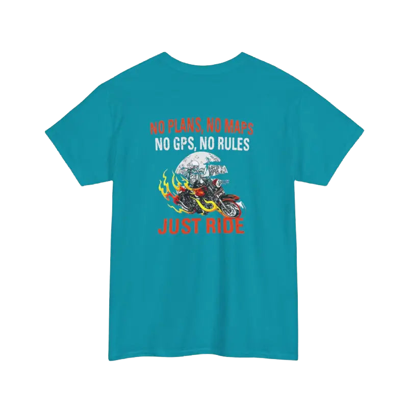 A teal-colored t-shirt with a graphic design and text printed on it.
