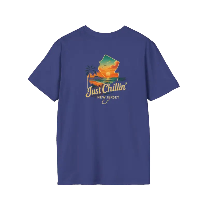 A blue t-shirt with a graphic design depicting a sunset and palm trees, along with the text "Just Chillin' NEW JERSEY".