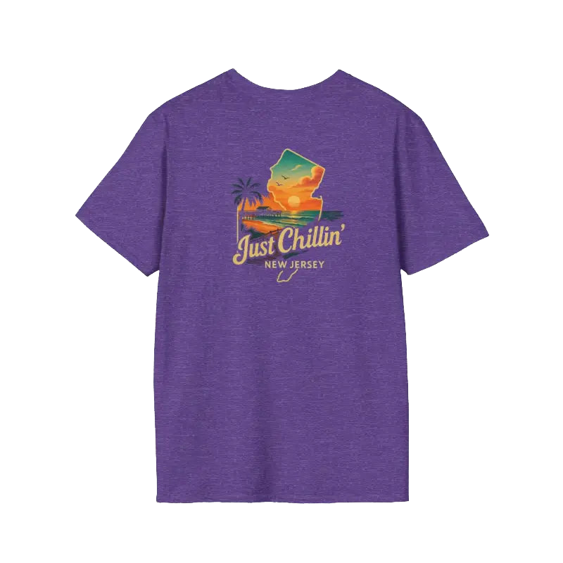 A purple t-shirt with a graphic design featuring a palm tree, a sunset, and the text "Just Chillin' NEW JERSEY" printed on it.