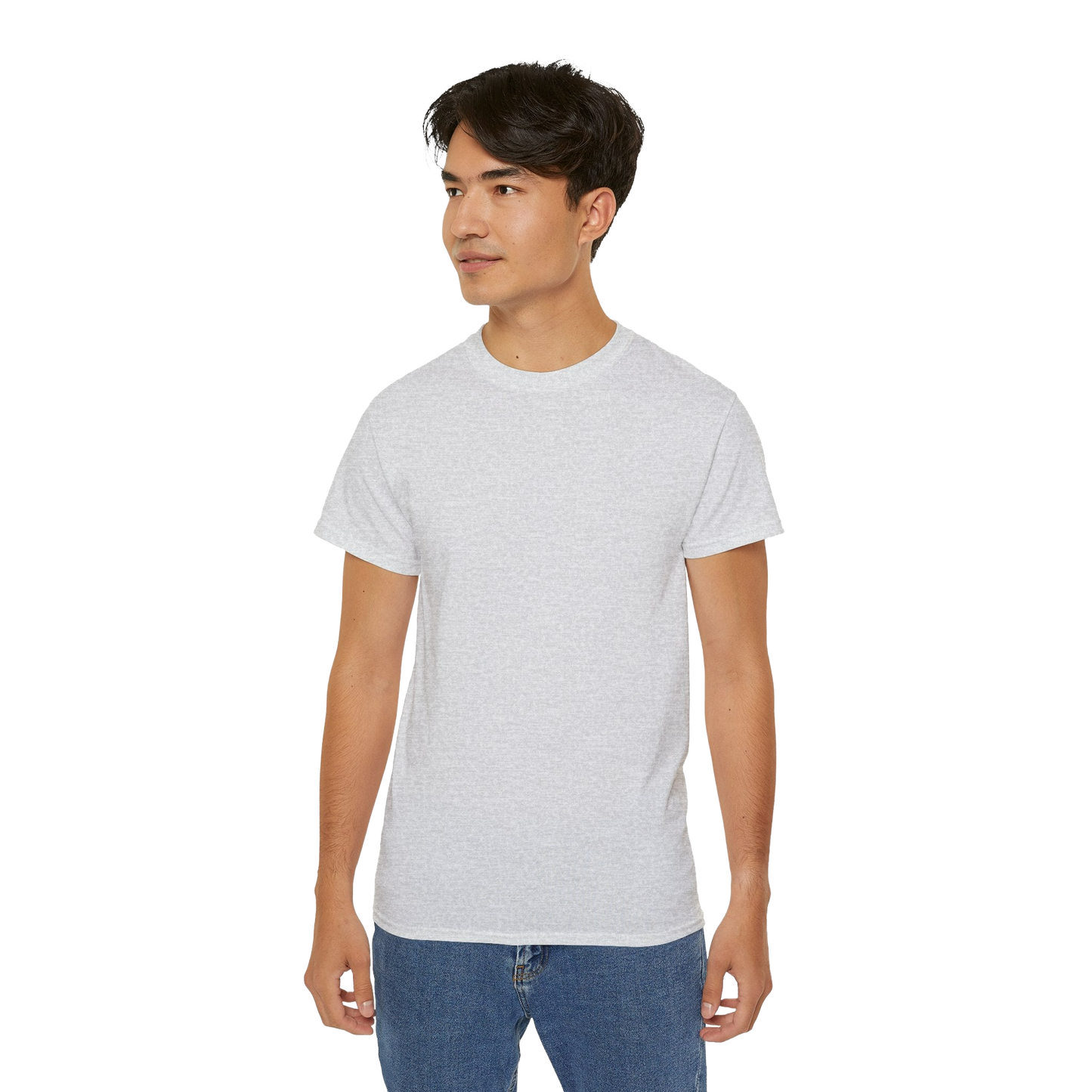 A young man wearing a white t-shirt and blue jeans stands against a black background.