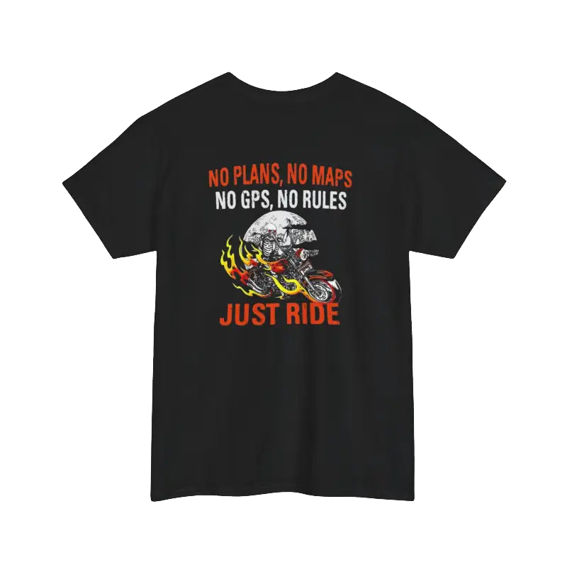 The image is a black t-shirt with a graphic design and text printed on it.