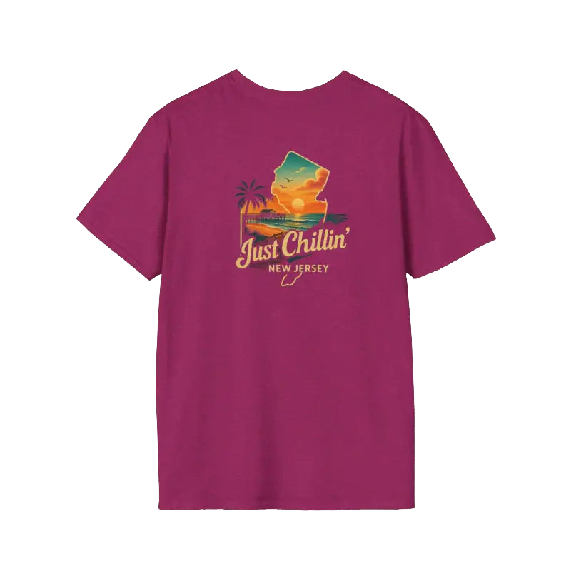 A purple t-shirt with a graphic design depicting a beach scene and the text "Just Chillin' NEW JERSEY" printed on it.