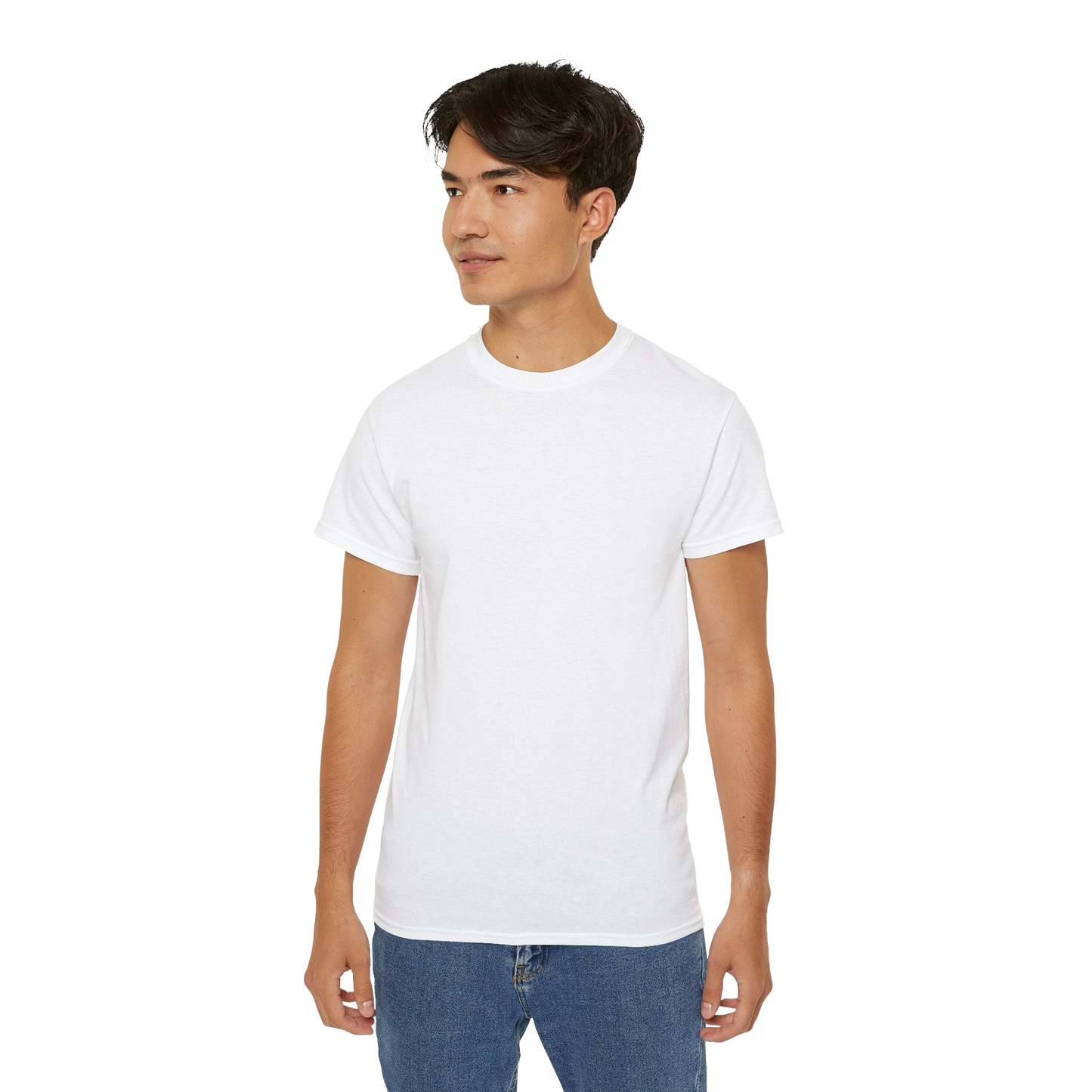 A young man wearing a white t-shirt and blue jeans stands against a black background.