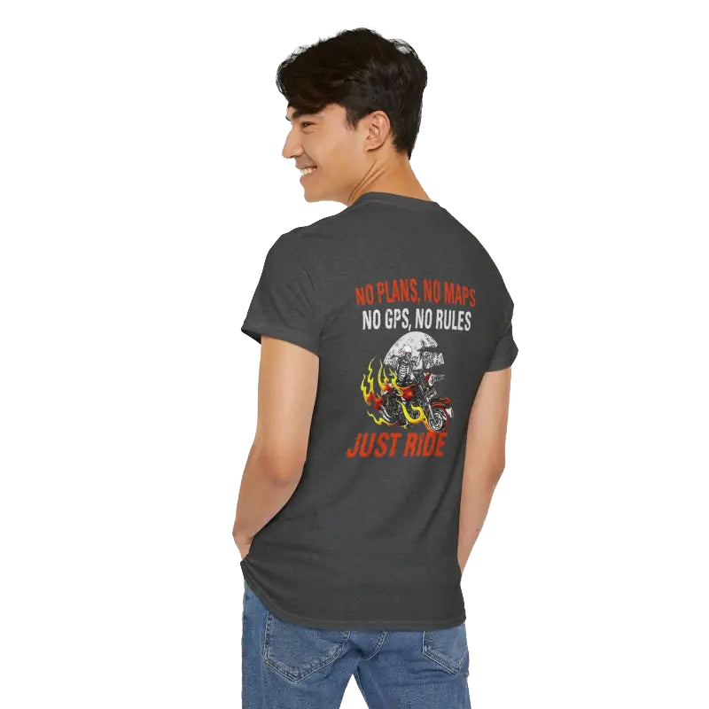 A person wearing a grey t-shirt with a graphic design and text on the back.