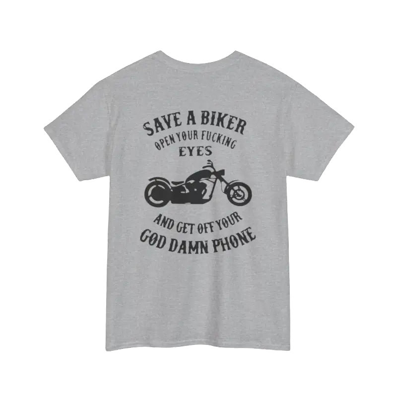 a gray t-shirt with a graphic design and text on it.