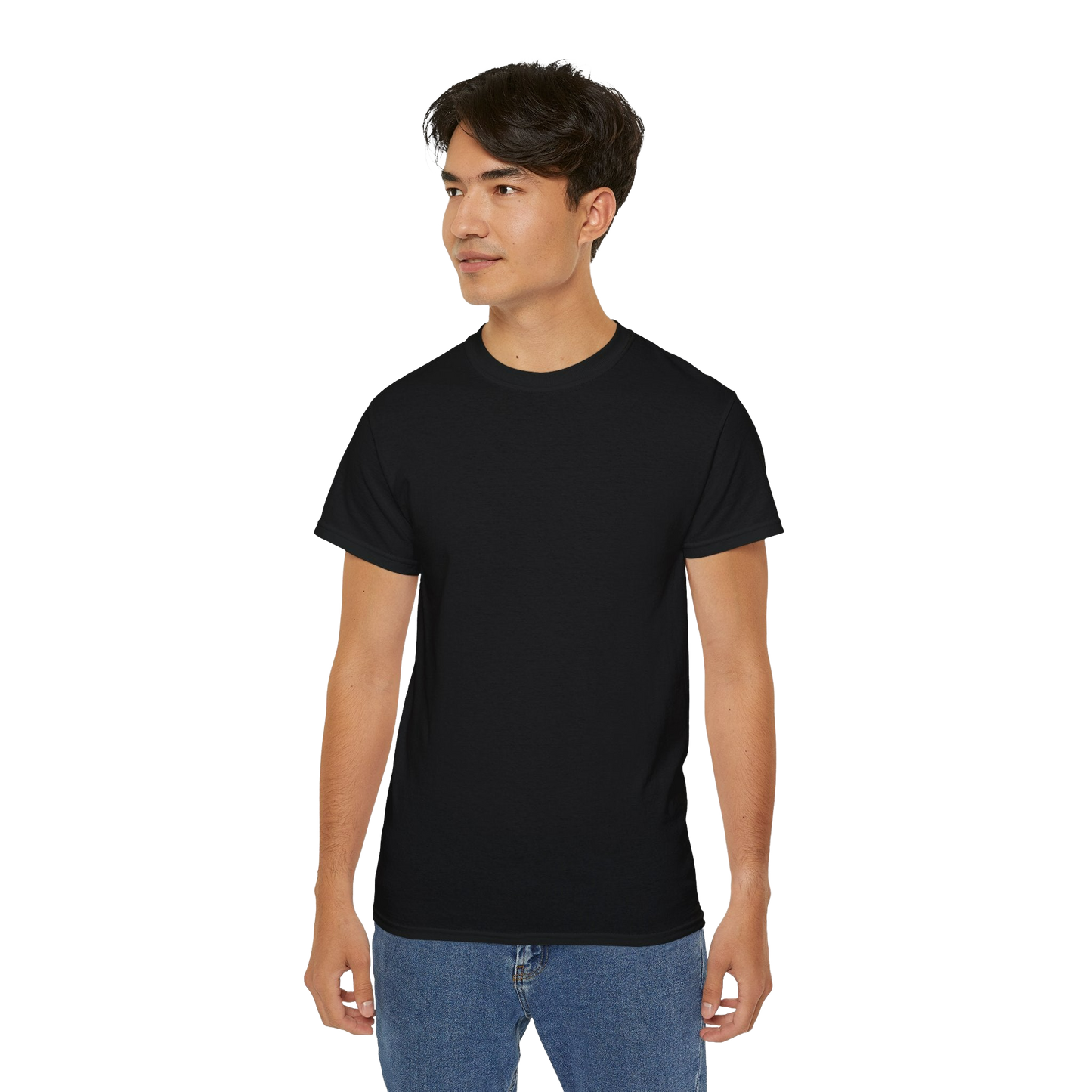A young man wearing a black t-shirt and blue jeans stands against a black background.