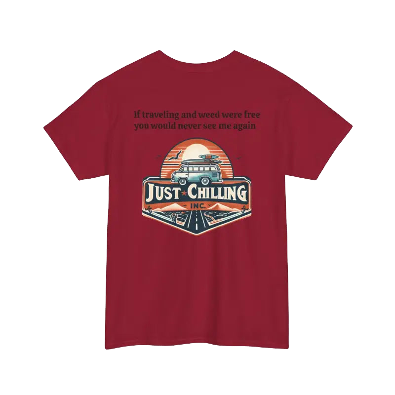 The image is a red t-shirt with a graphic design and text on it.