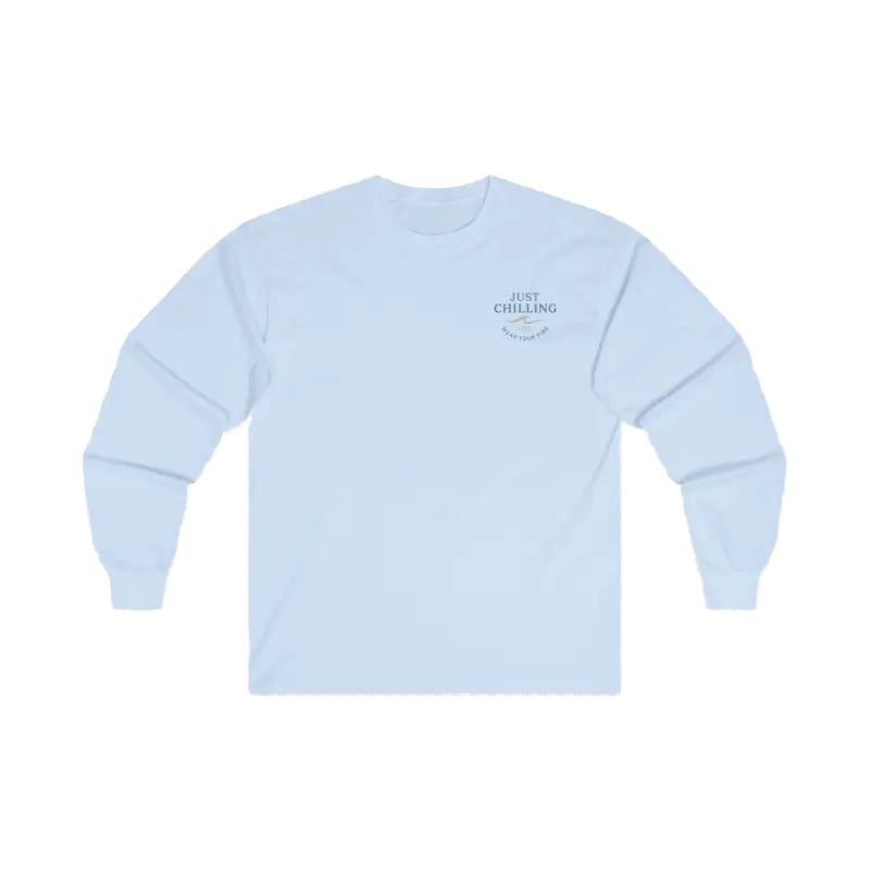 A white long-sleeved shirt with a small logo on the left side of the chest.