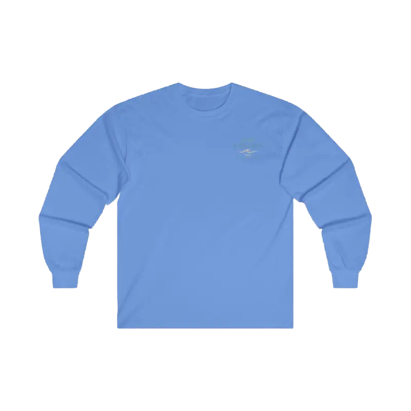 A light blue long-sleeved shirt is displayed against a black background.