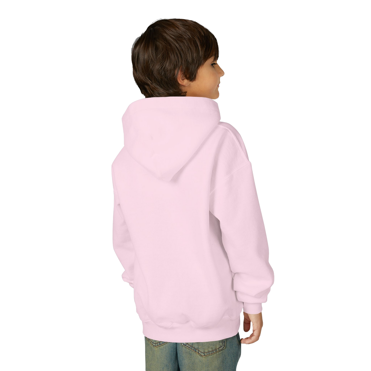 A young boy wearing a pink hoodie stands against a black background, facing away from the camera.
