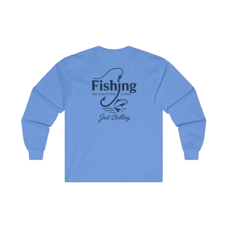 A light blue long-sleeved t-shirt with a graphic design on the back.