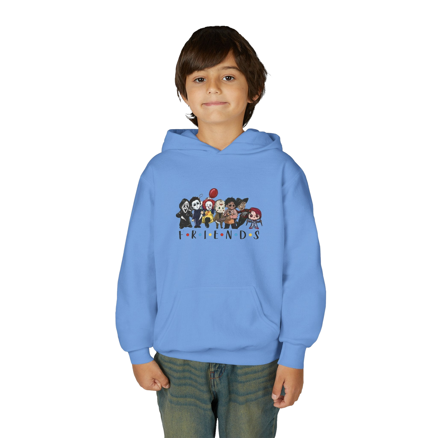 A young boy wearing a blue hoodie with a graphic of cartoon characters from the TV show Friends.