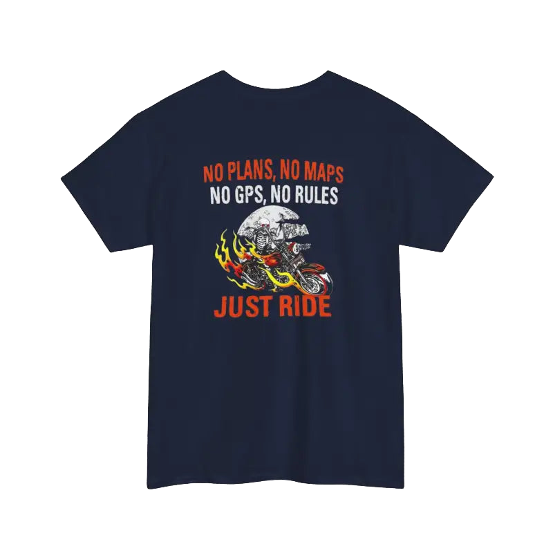 The image is a navy blue t-shirt with a graphic design featuring a motorcycle and the text "NO PLANS, NO MAPS, NO GPS, NO RULES. JUST RIDE" printed on it.