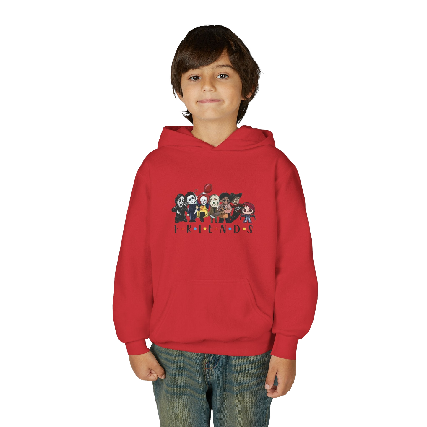 A young boy wearing a red hoodie with a graphic of cartoon characters on it.