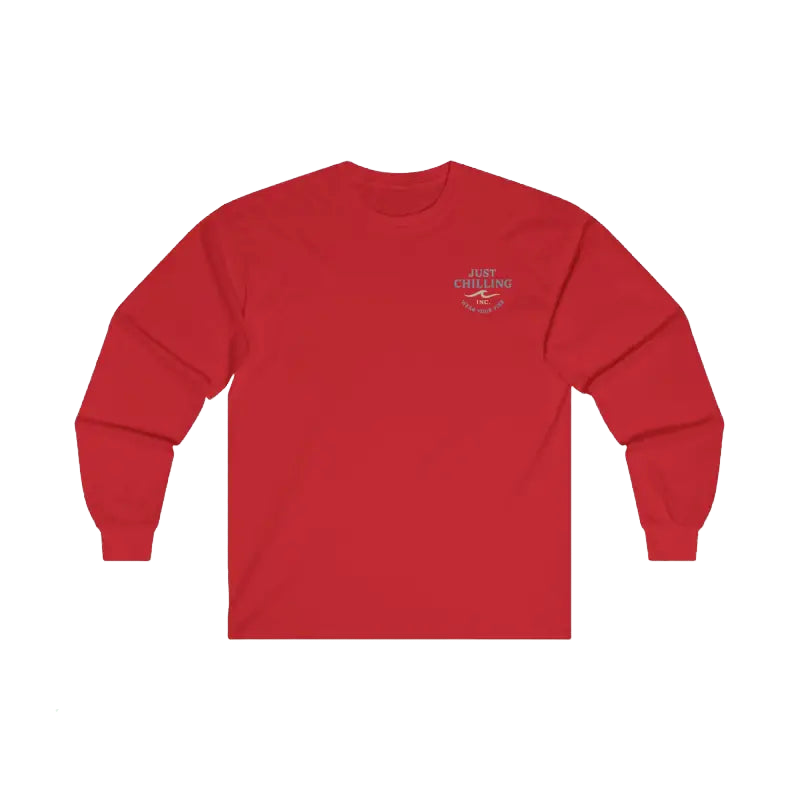 A red long-sleeved shirt with a logo on the left side.