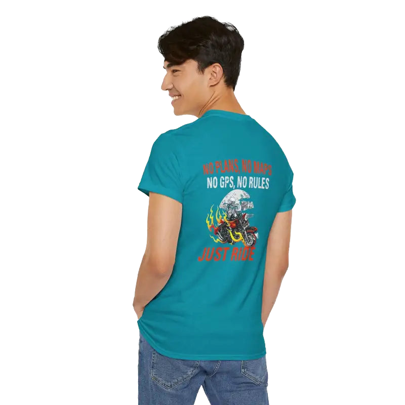 A person wearing a teal t-shirt with a graphic design and text on the back.