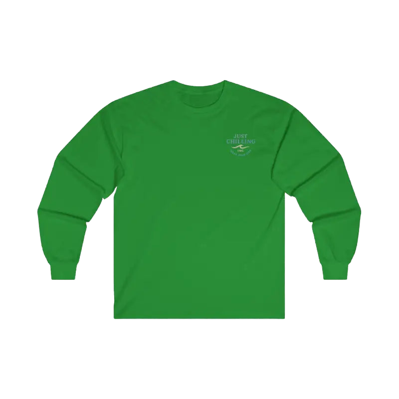 A bright green long-sleeved shirt with a logo on the left side.
