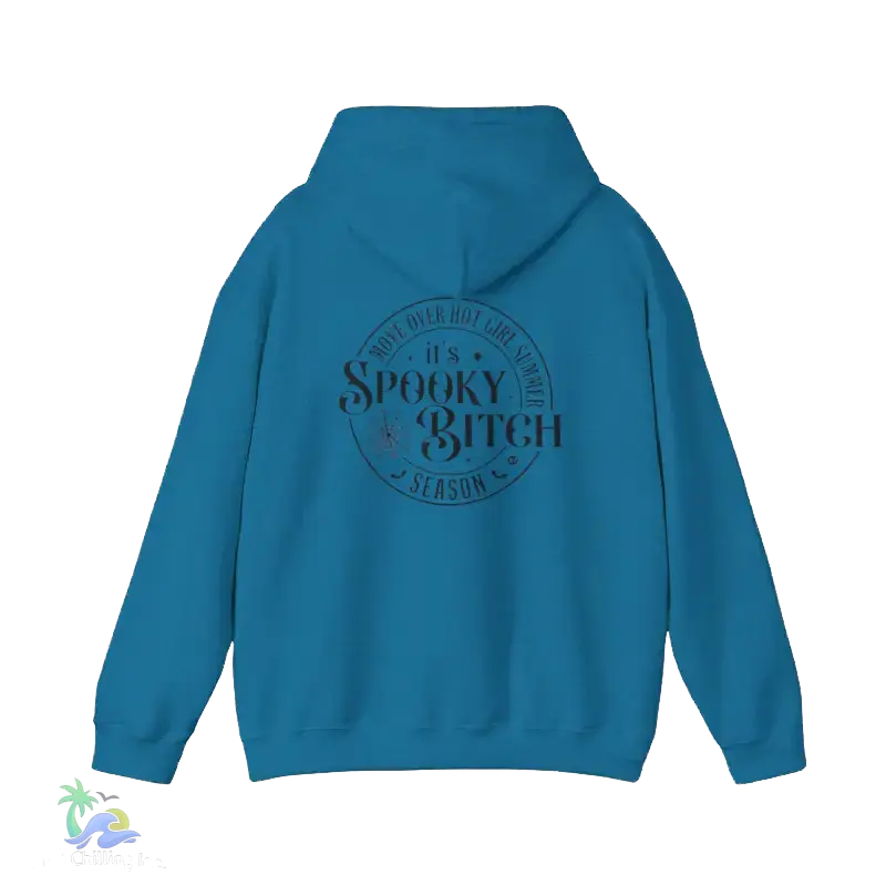 A blue hoodie with a circular design on the back featuring the text "It's Spooky Bitch" and "It's Spooky Bitch Season" printed on it.