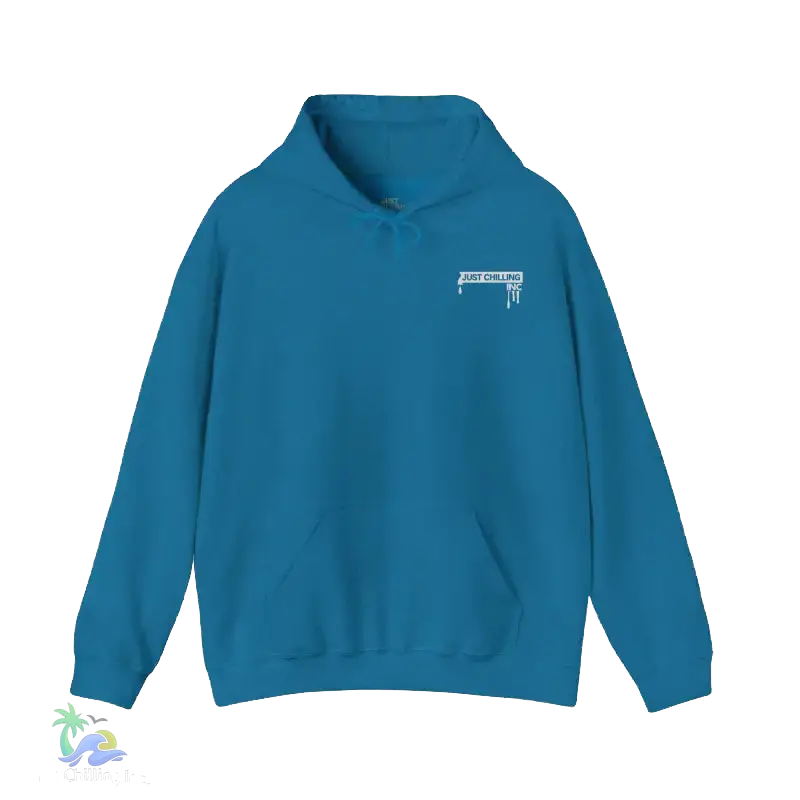 A blue hoodie with a white logo on the left side.