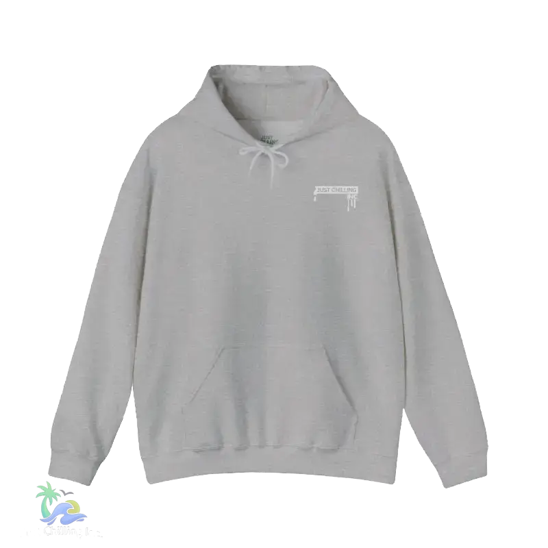 A gray hoodie with a white logo on the front.