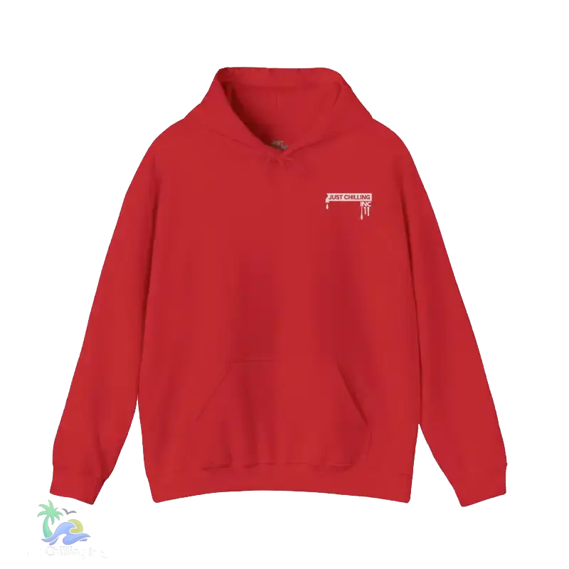 A red hoodie with a white logo on the left side.