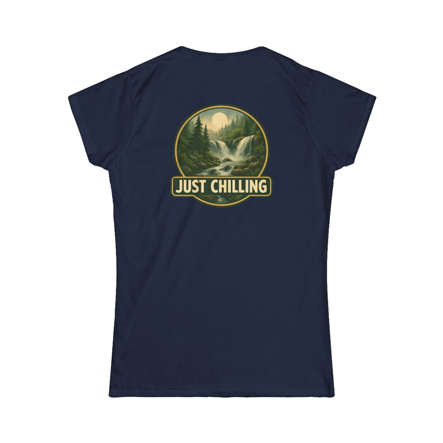 A navy blue t-shirt with a graphic design on the back, depicting a waterfall surrounded by trees and mountains. The text "JUST CHILLING" is displayed above the image.