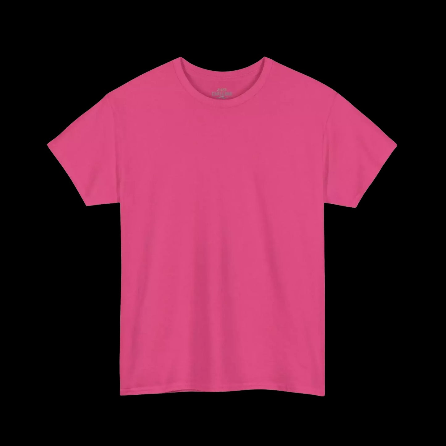 A bright pink t-shirt is shown against a black background.