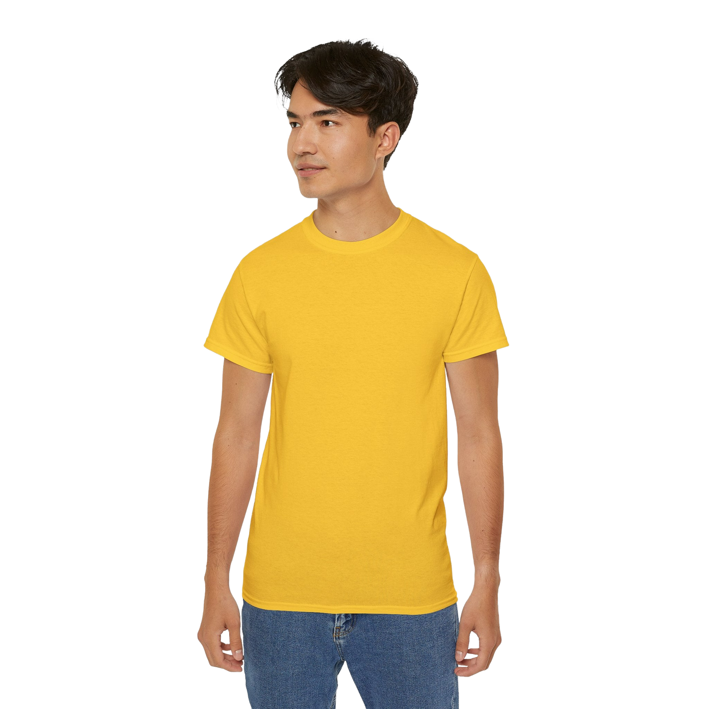 A young man wearing a yellow t-shirt and blue jeans stands against a black background.