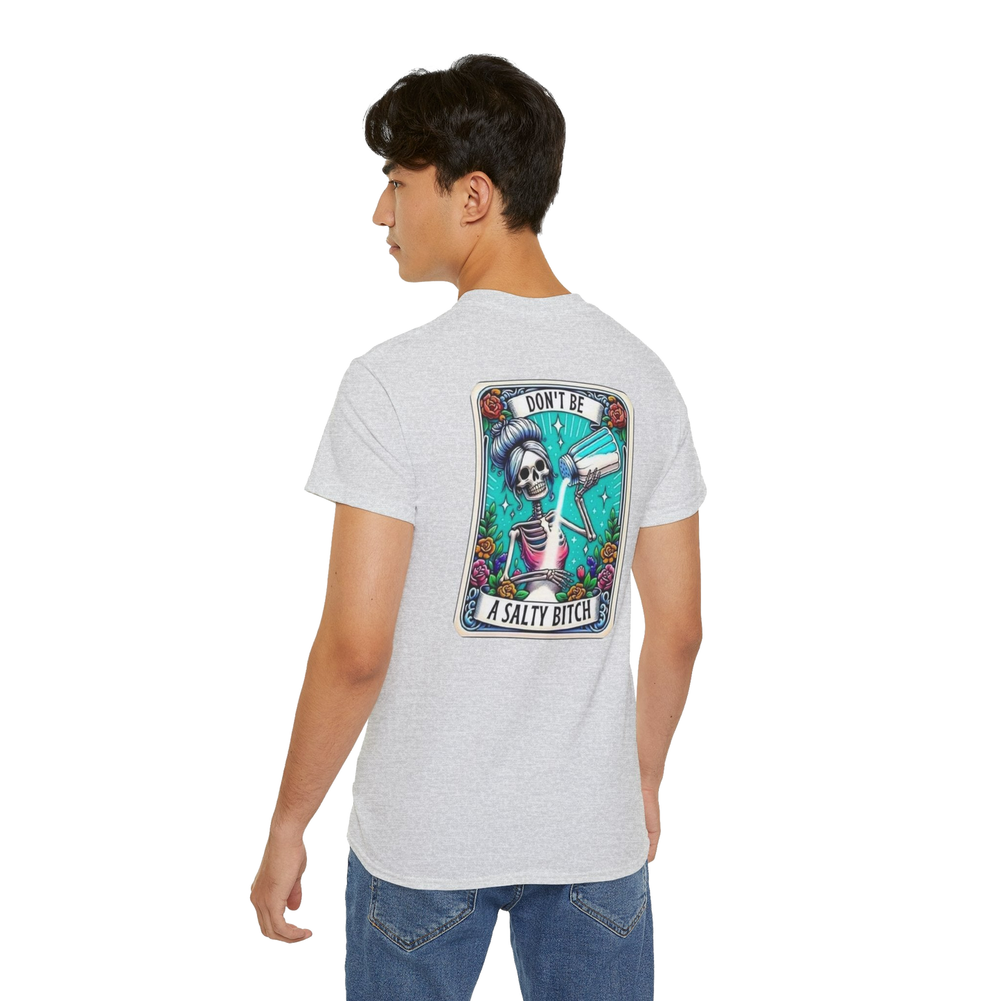 A person wearing a white t-shirt with a graphic design on the back.