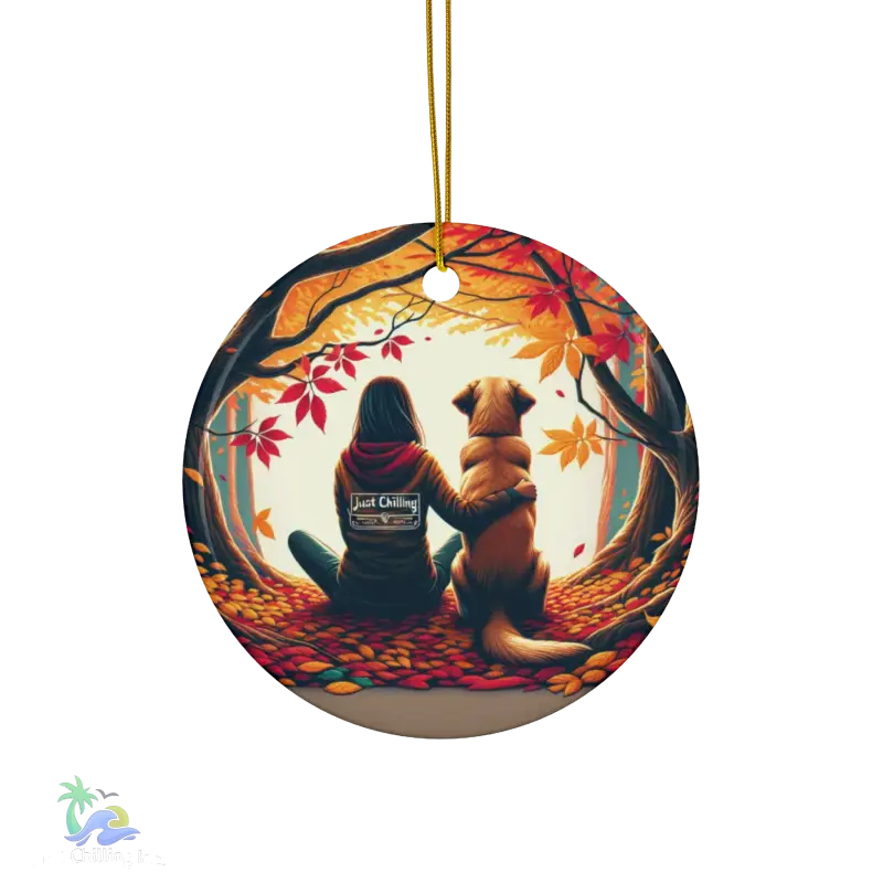 a ceramic ornament with a dog and a woman sitting in a forest