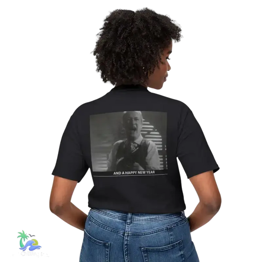 Black t-shirt with black and white image.