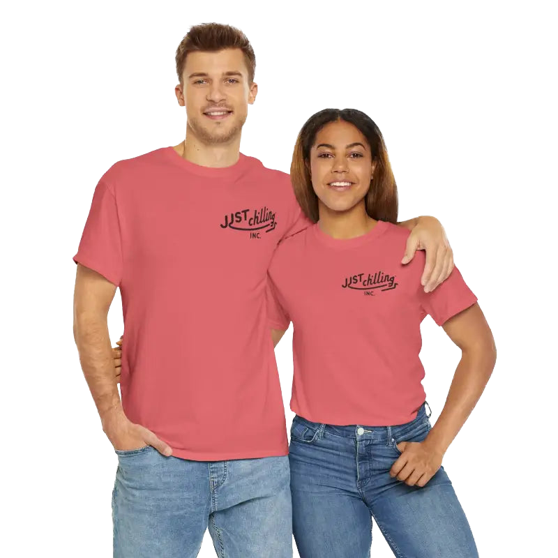 A man and a woman wearing matching red t-shirts with the text "JUST KILLING INC." printed on them stand side by side against a black background.