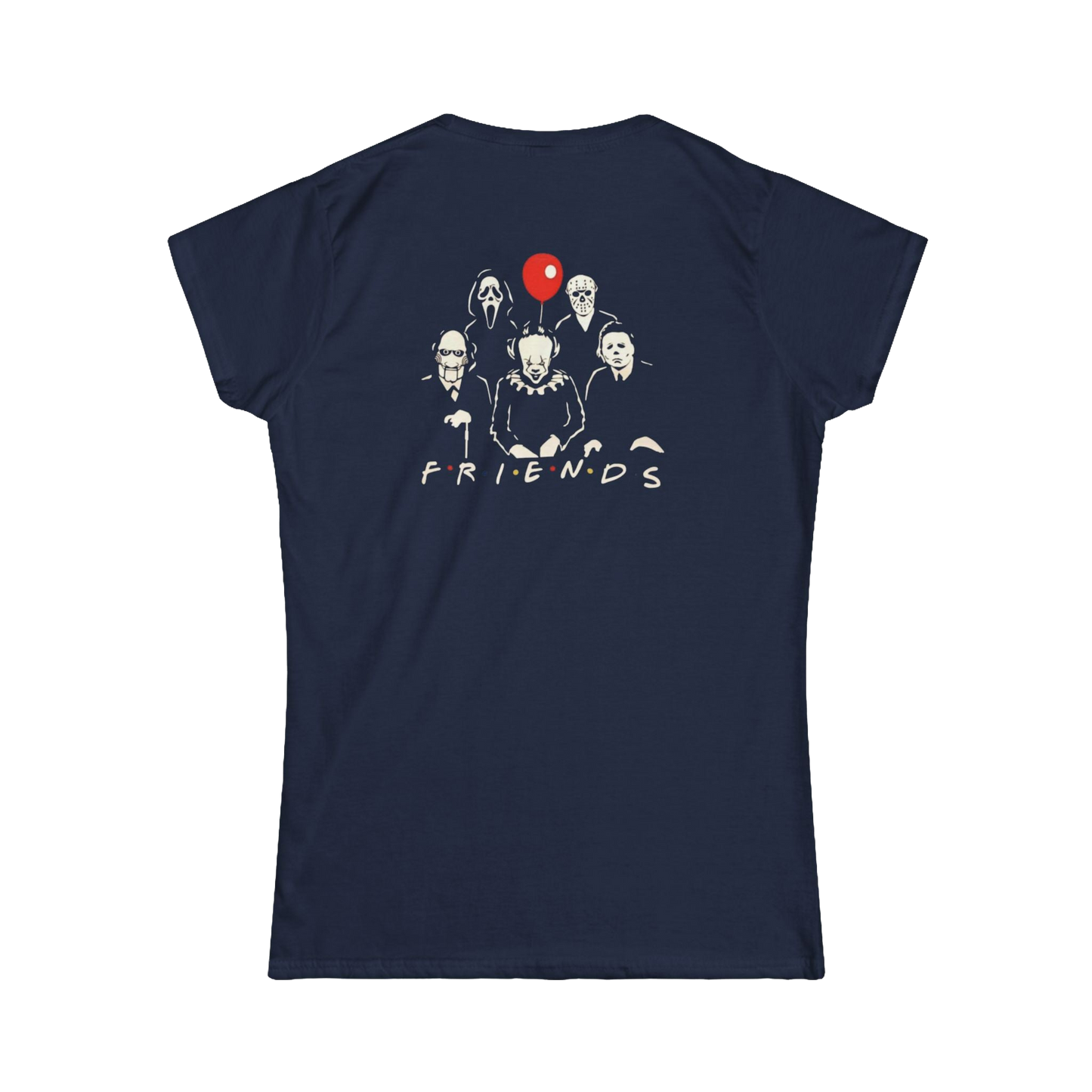 A navy blue t-shirt with a graphic design featuring silhouettes of five people and a red balloon.