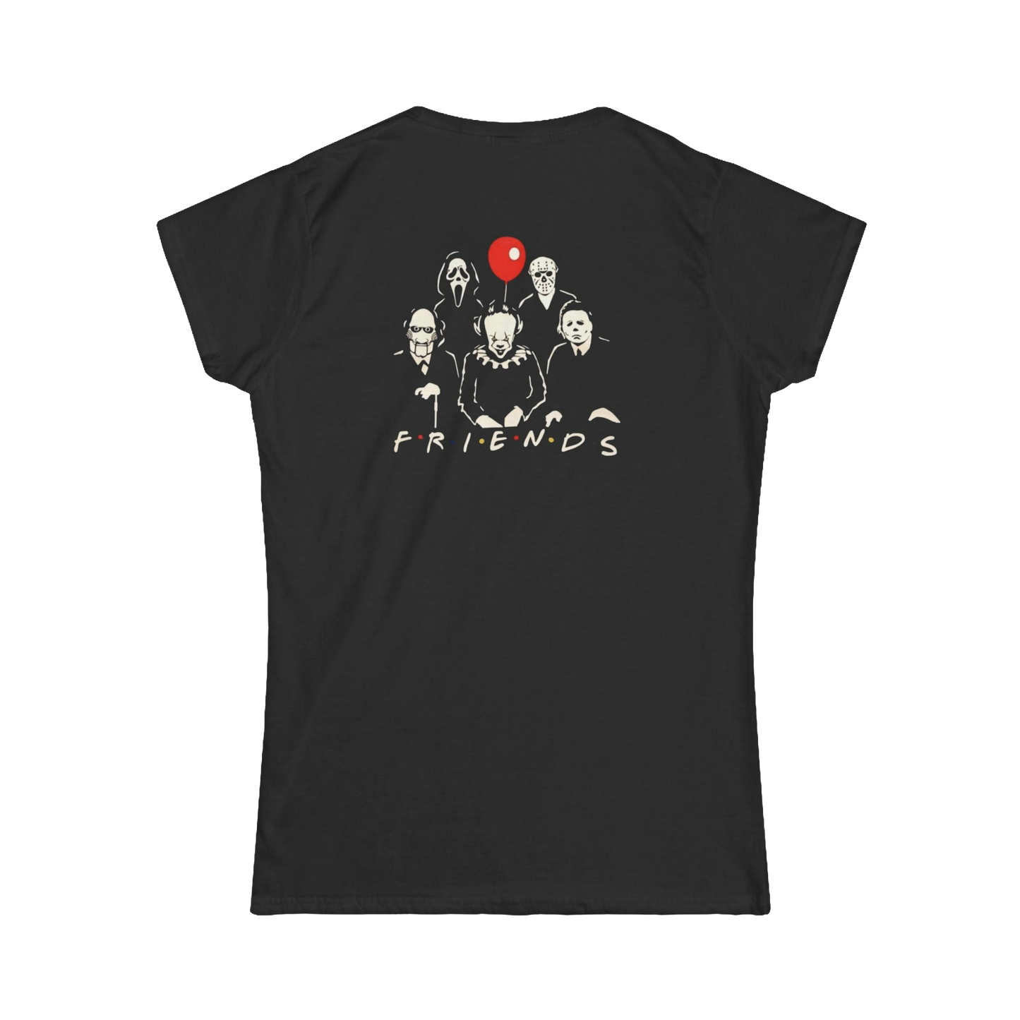 a black t-shirt with a graphic design on the back, depicting five silhouetted figures, including one with a red balloon. Above the figures, the text "FRIENDS" is written in white.
