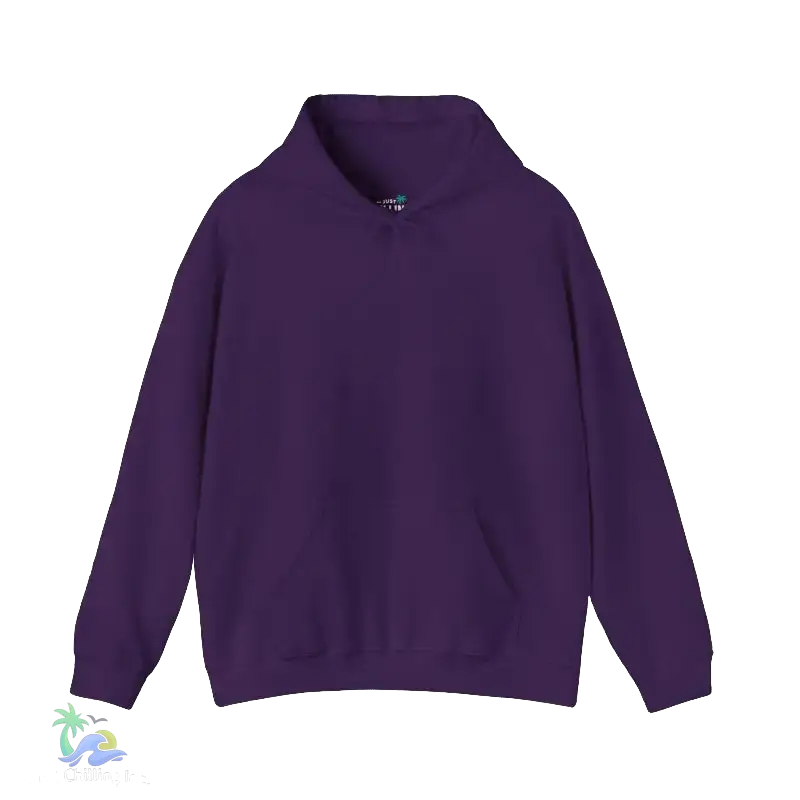 A purple hoodie with a high collar and long sleeves is shown against a black background.