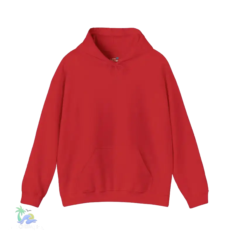 A red hoodie with a front pocket is shown against a black background.