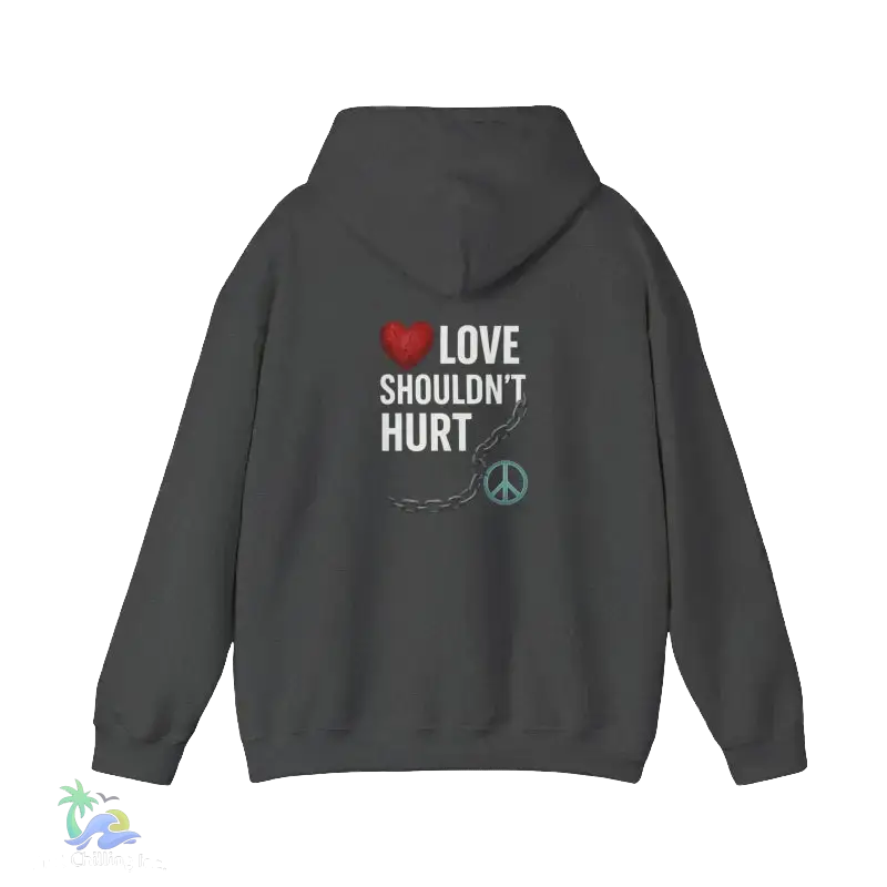 A grey hooded sweatshirt with a graphic design on the back.