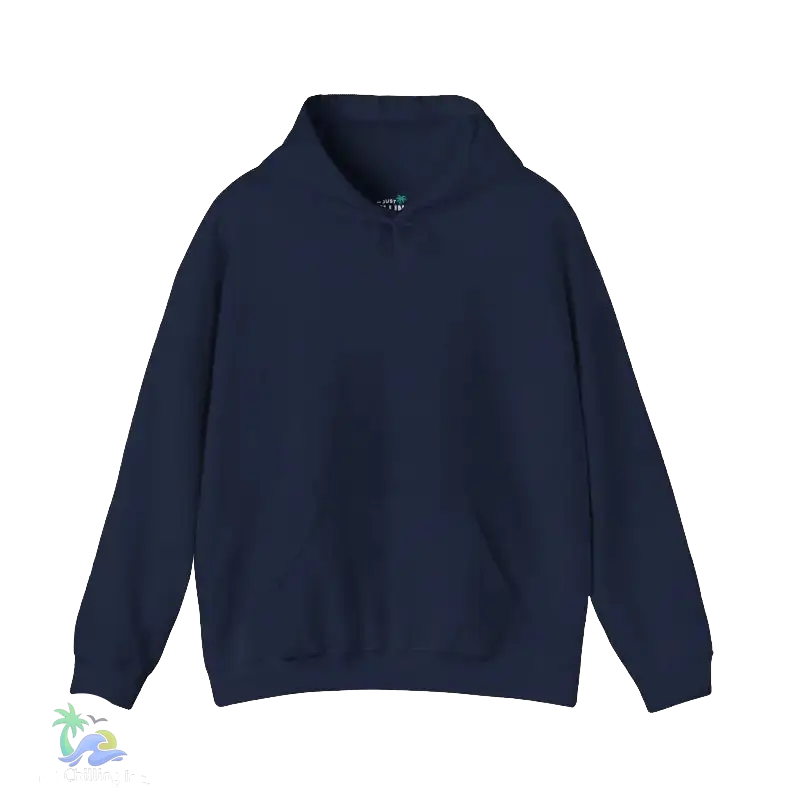 A navy blue hoodie with a simple collar and front pocket.