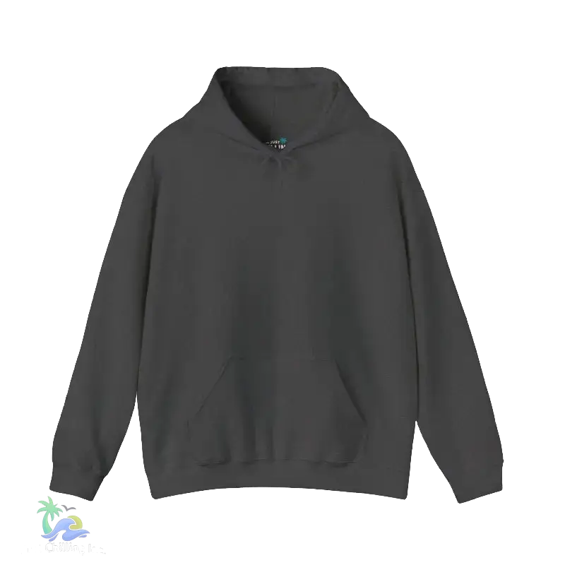 A gray hoodie with a front pocket is shown against a black background.