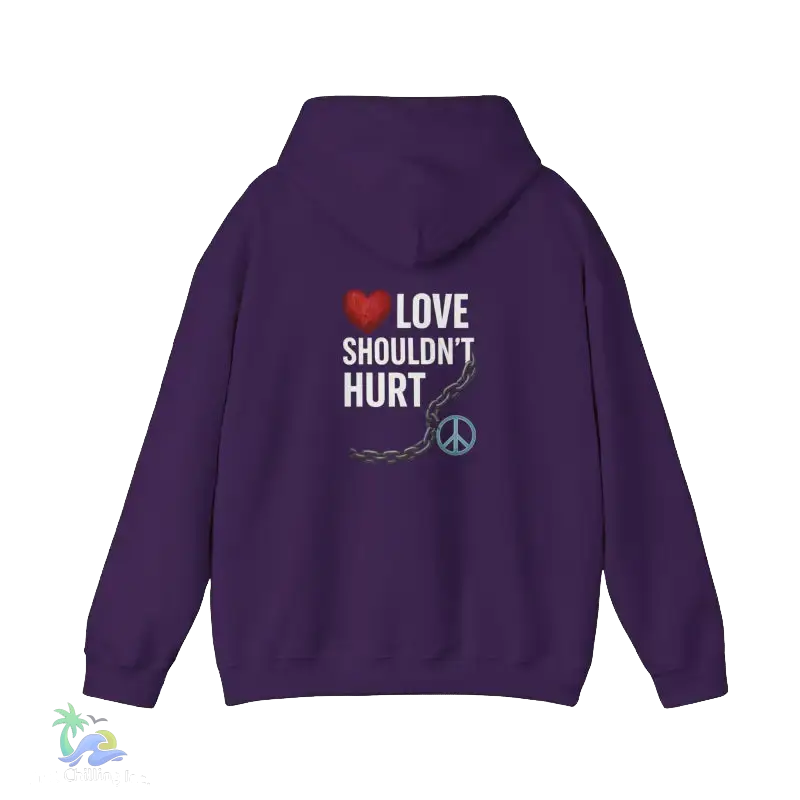 A purple hoodie with the text "LOVE SHOULDN'T HURT" printed on the back.