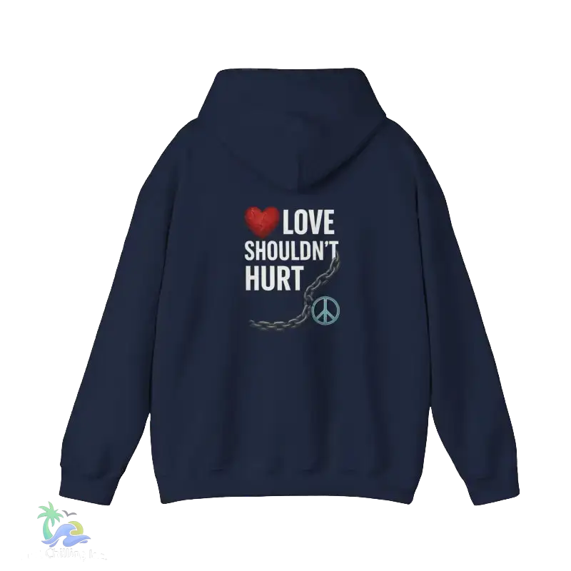 A navy blue hoodie with a graphic design on the back.