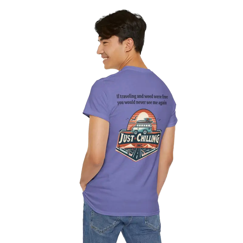 A person wearing a purple t-shirt with a graphic design and text on the back.