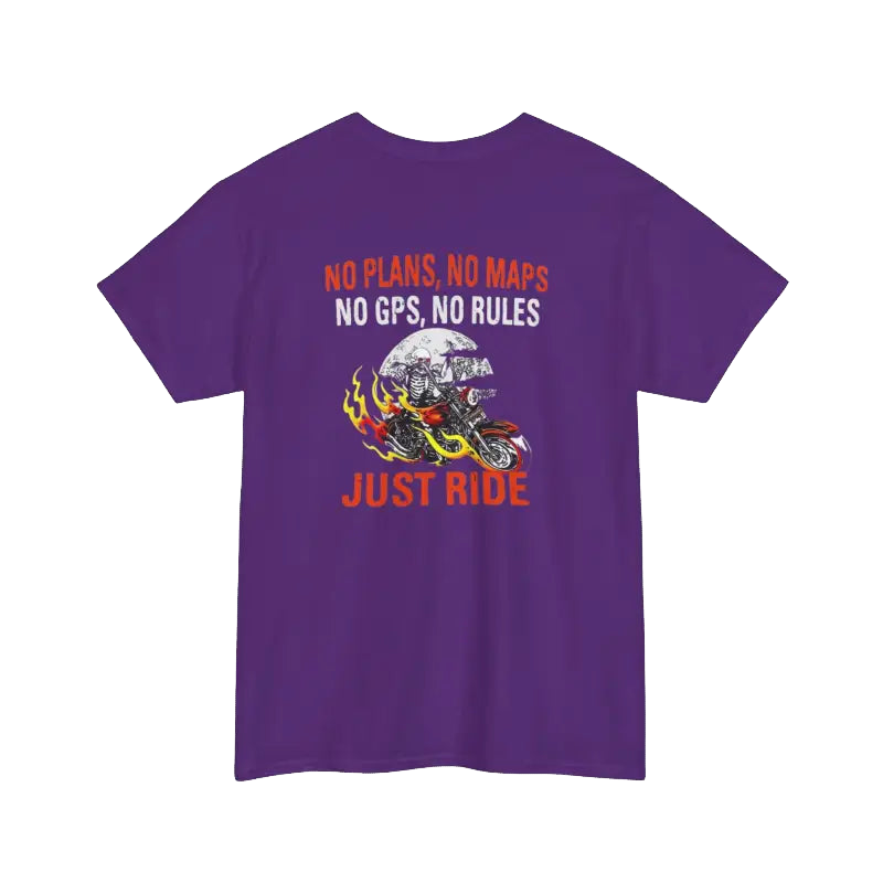 The image is a purple t-shirt with a graphic design and text printed on it.