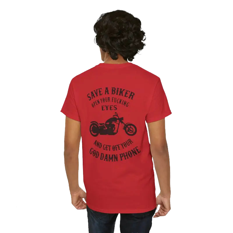 the back of a person wearing a red t-shirt with a graphic design and text printed on it.