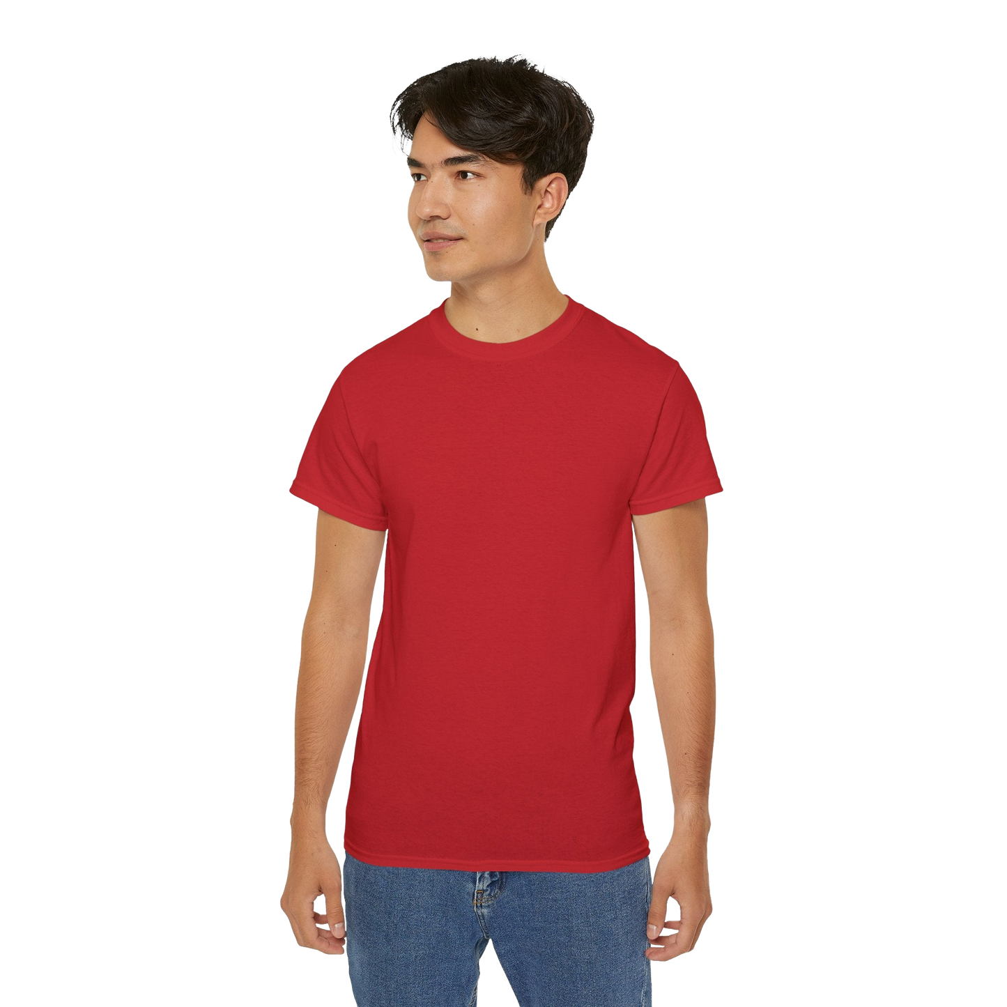 A young man wearing a red t-shirt stands against a black background.
