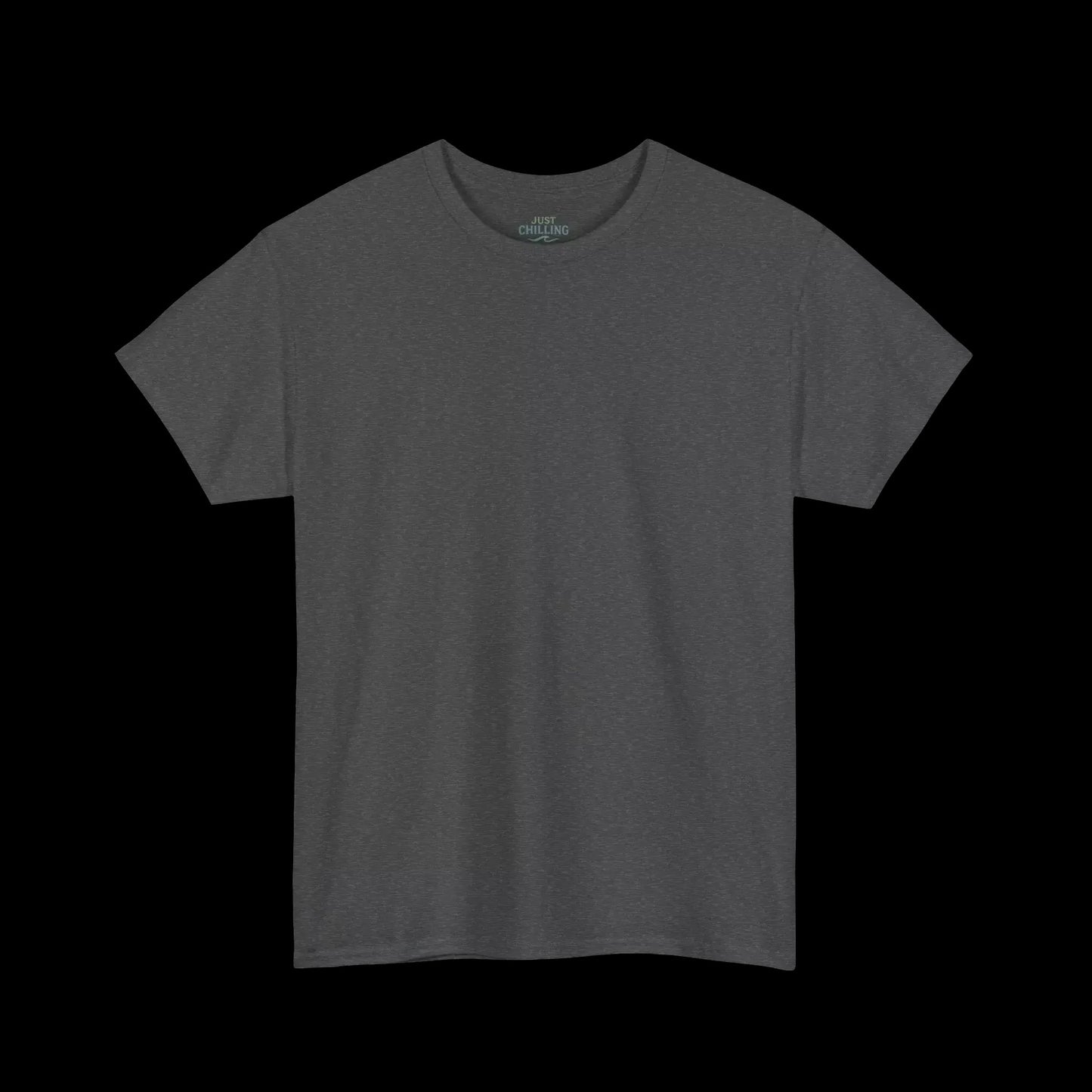 A plain gray t-shirt against a black background.
