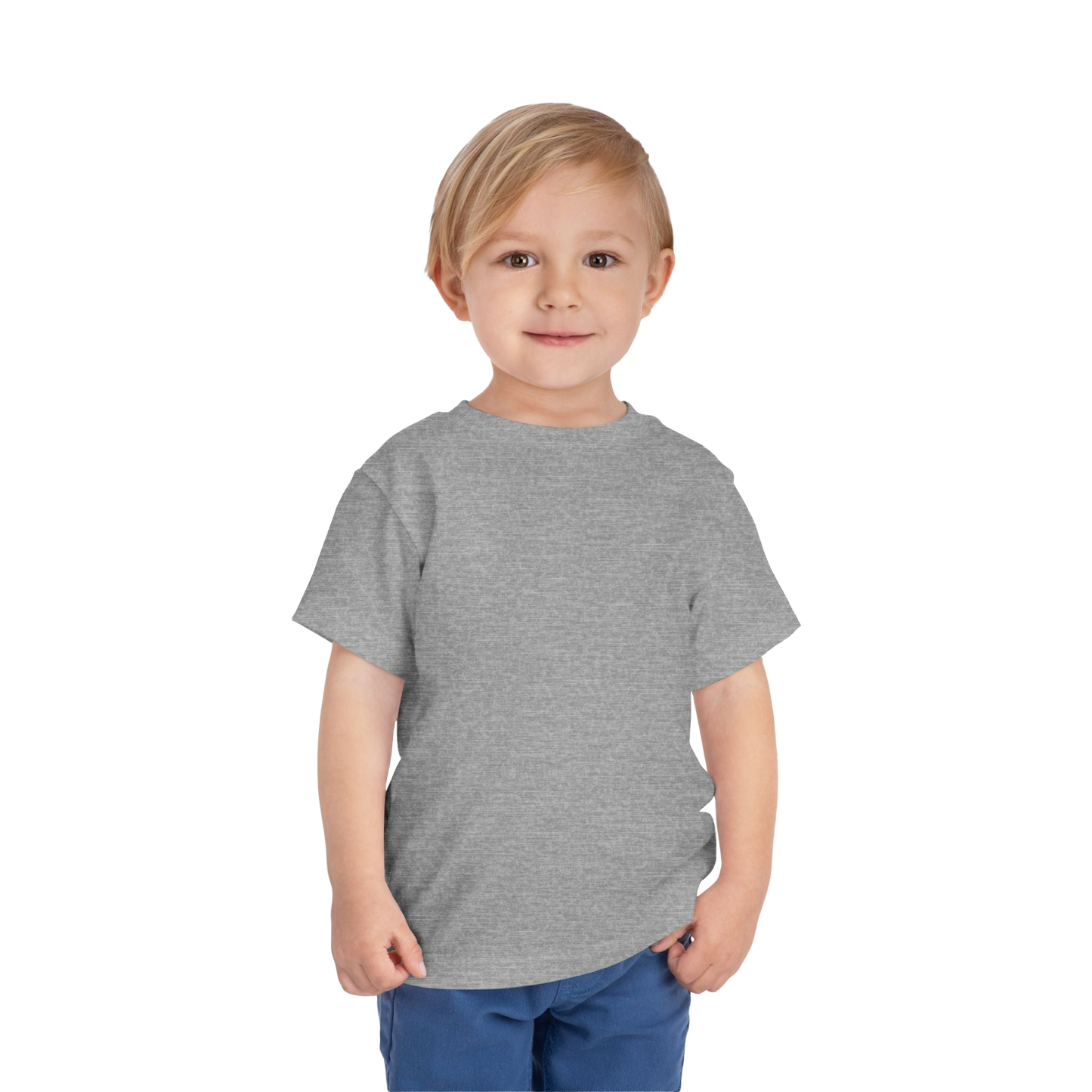 A young boy with blonde hair is smiling and standing against a black background.