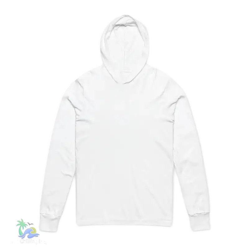 A white hooded sweatshirt is shown against a black background.