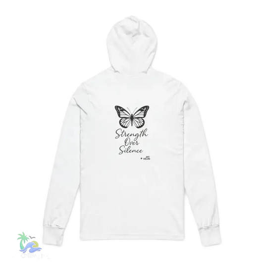 A white hooded sweatshirt with a black butterfly graphic and the text "Strength Over Silence" printed on the back.