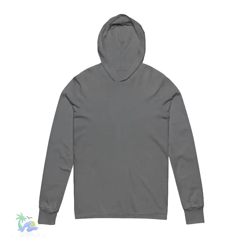 A gray hooded long-sleeved shirt is shown against a black background.